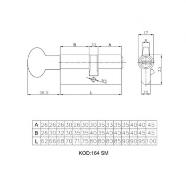 цилиндровый механизм с вертушкой Kale kilit 164 SM/62 (26+10+26) мм латунь 5 кл