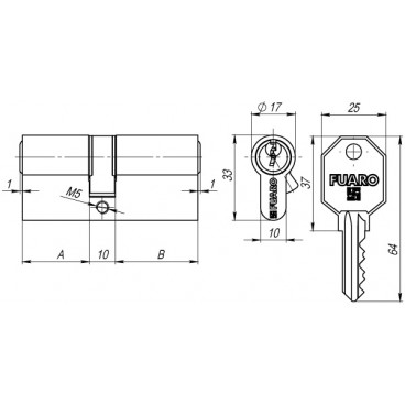 Цилиндровый механизм Fuaro 100 CA 62 mm (26+10+26) PB латунь 3 кл.