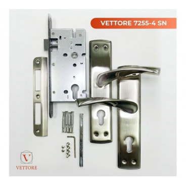 Замок врезной VETTORE 7255-4 SN в комплекте с ручкой (сатин)